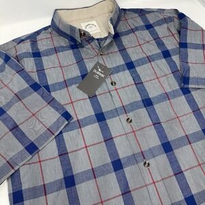 Dubinik Custom Version Plaid Shirt Mens L Blue Red Gray Short Sleeve Button
